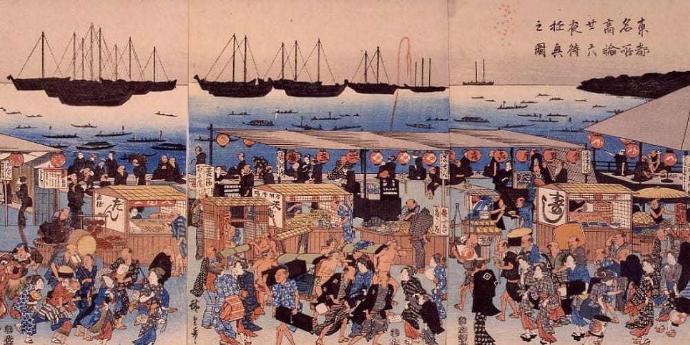 東都名所高輪廿六夜侍遊興之図